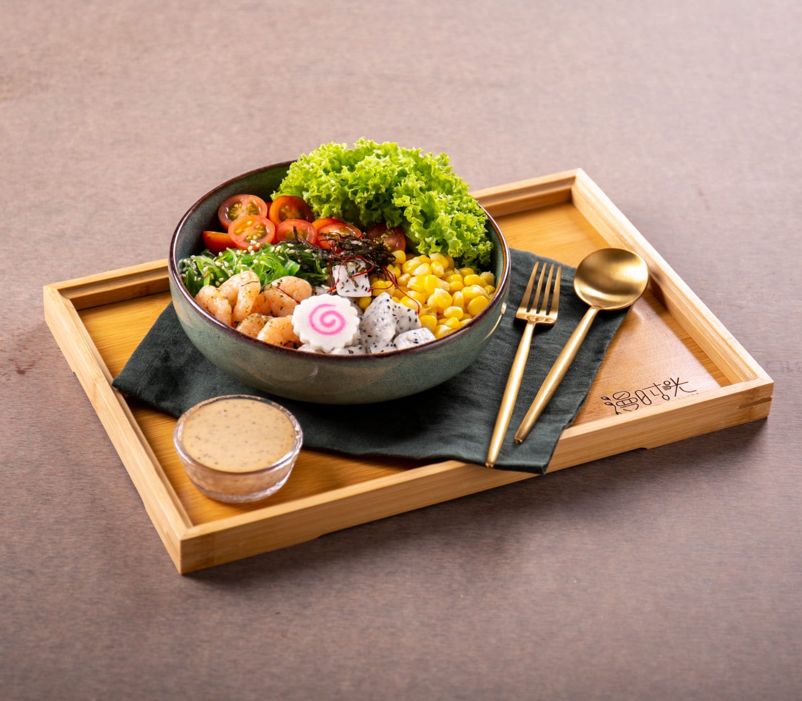 A seafood light-meal bowl with shrimp, corn, dragon fruit and greens on a MANSHIGUANG wooden tray